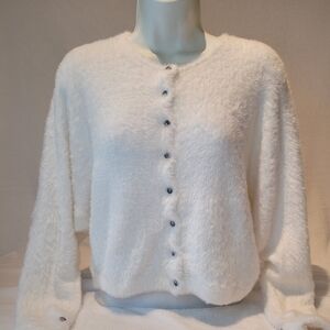Free People Cream Fuzzy Button-Up Cardigan